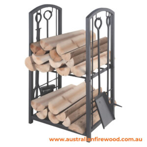 2 Tier Wood Rack With Fire Tools Black